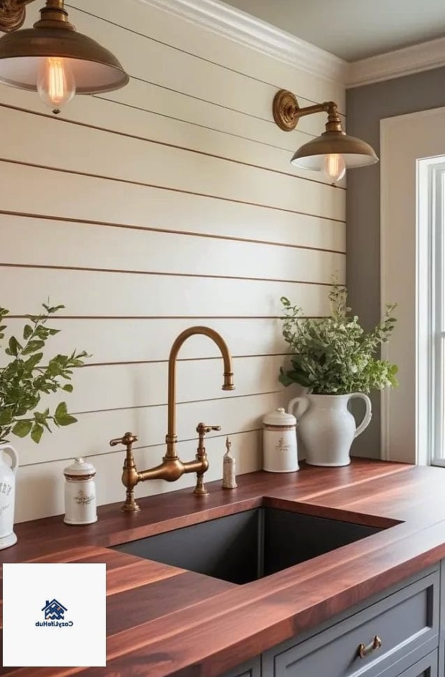Shiplap Behind Open Bathroom Vanity Shelving