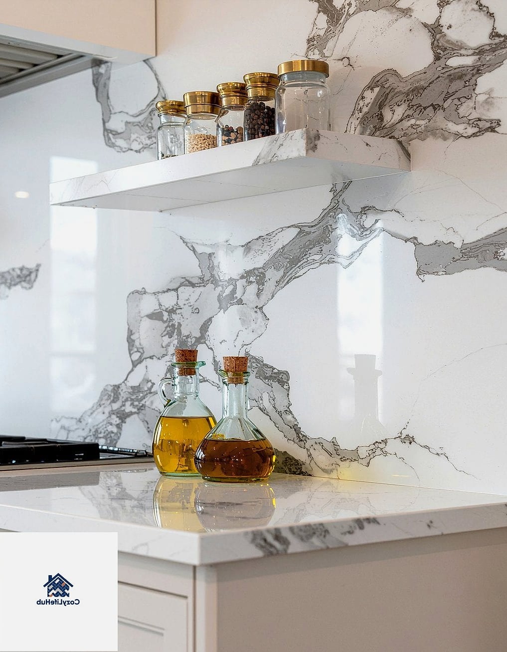 Slab Backsplash with a Built-In Shelf