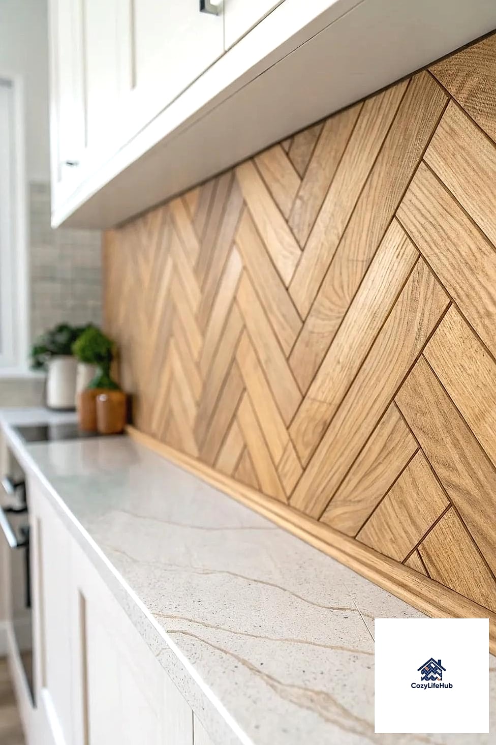 Slab Backsplash with Warm Wood Cabinets
