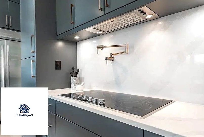 Slab Backsplash with Brass Hardware Accents