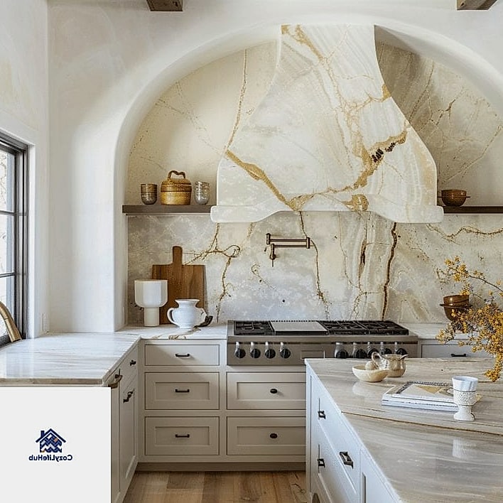 Slab Backsplash Behind Open Shelving
