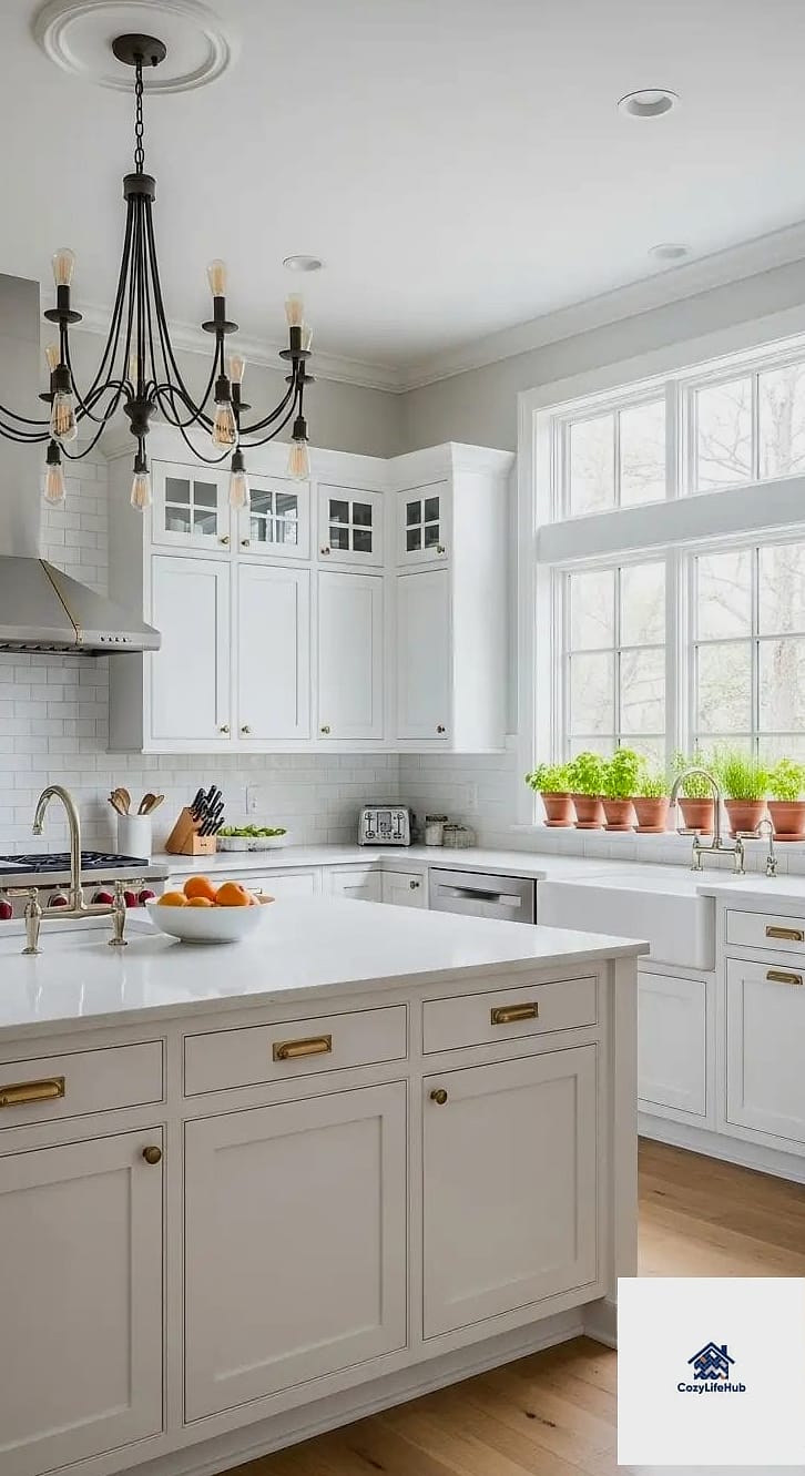 16 White Kitchen Ideas Perfect for Any Budget 13 Statement Lighting Over the Island
