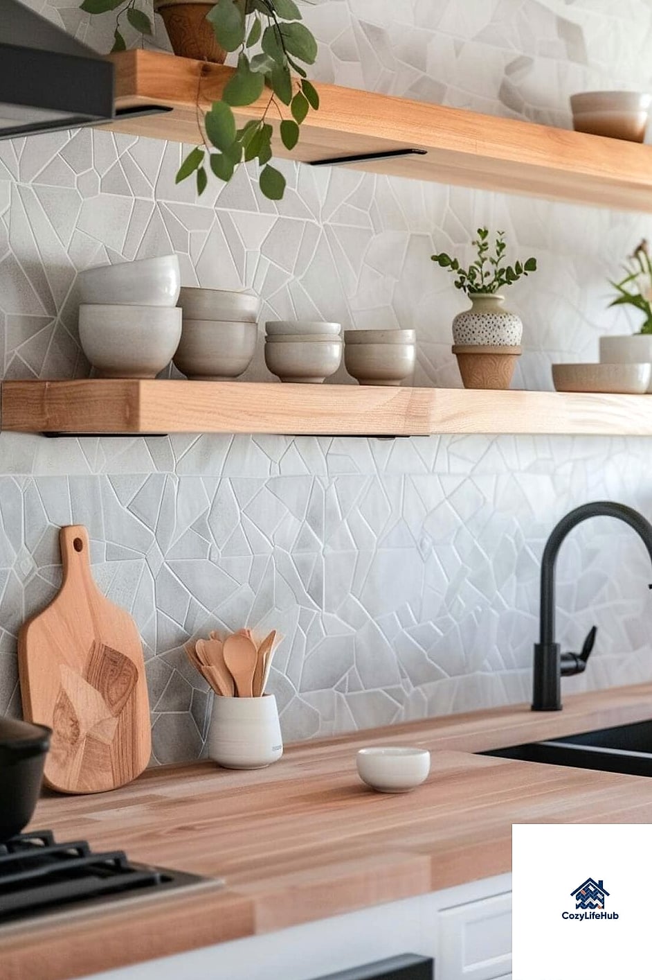 Teardrop Tile Paired with Butcher Block Counters