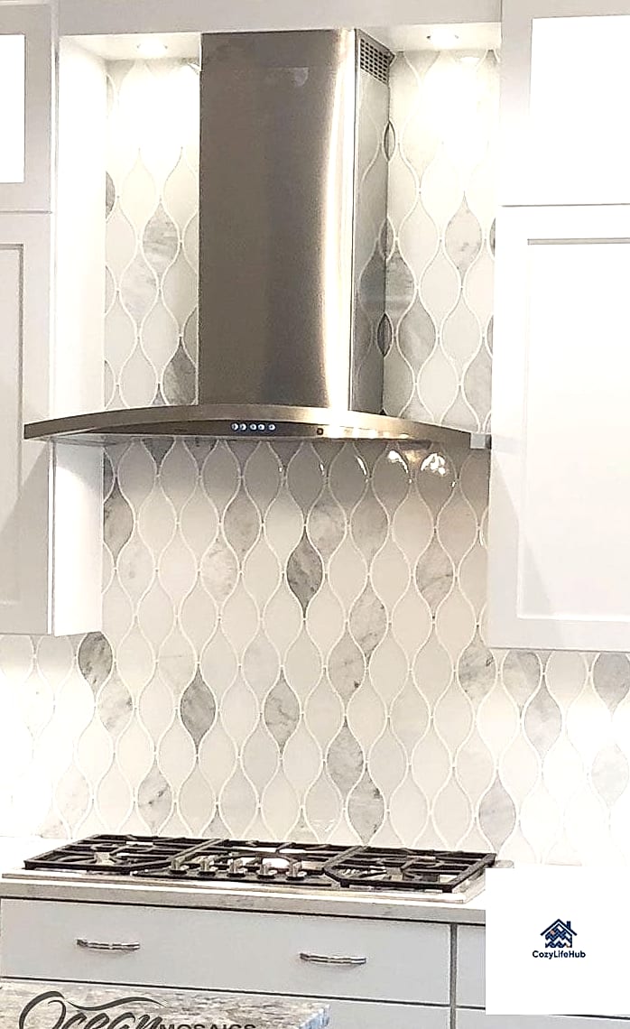 Teardrop Tile Behind Open Shelving