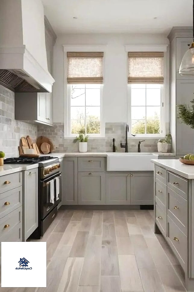 Warm Wood Open Shelving Against Gray Walls