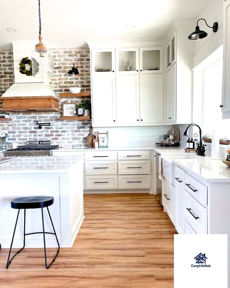 18 White Brick Backsplash Ideas You Haven't Seen Before 9 White Brick Paired with Wood Floating Shelves
