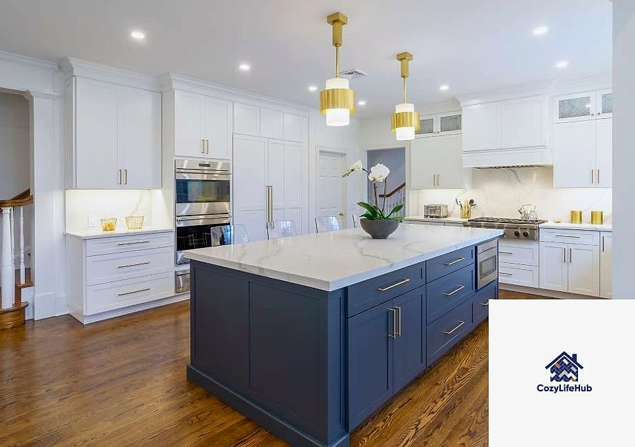 White Cabinets with a Colorful Island or Accent Wall