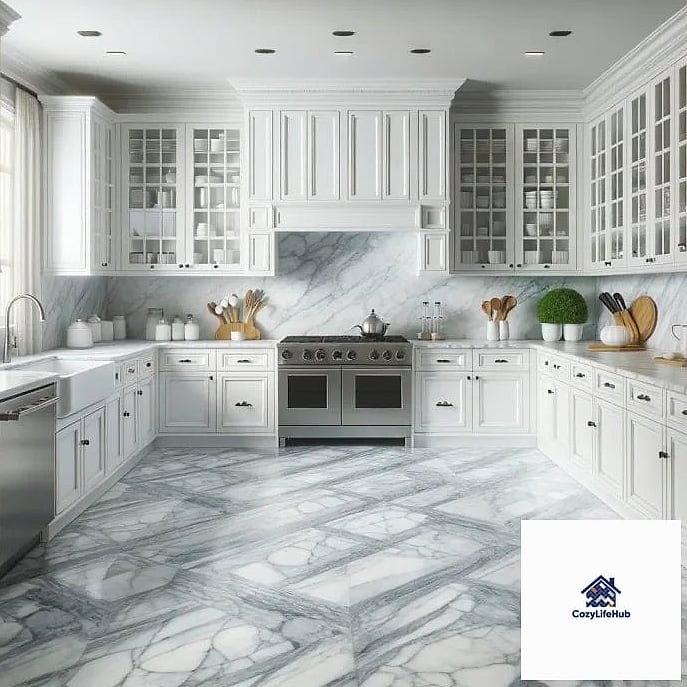 White Cabinets with Marble-Look Porcelain Backsplash