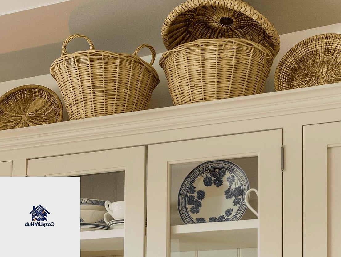 White Cabinets with Woven Basket Storage