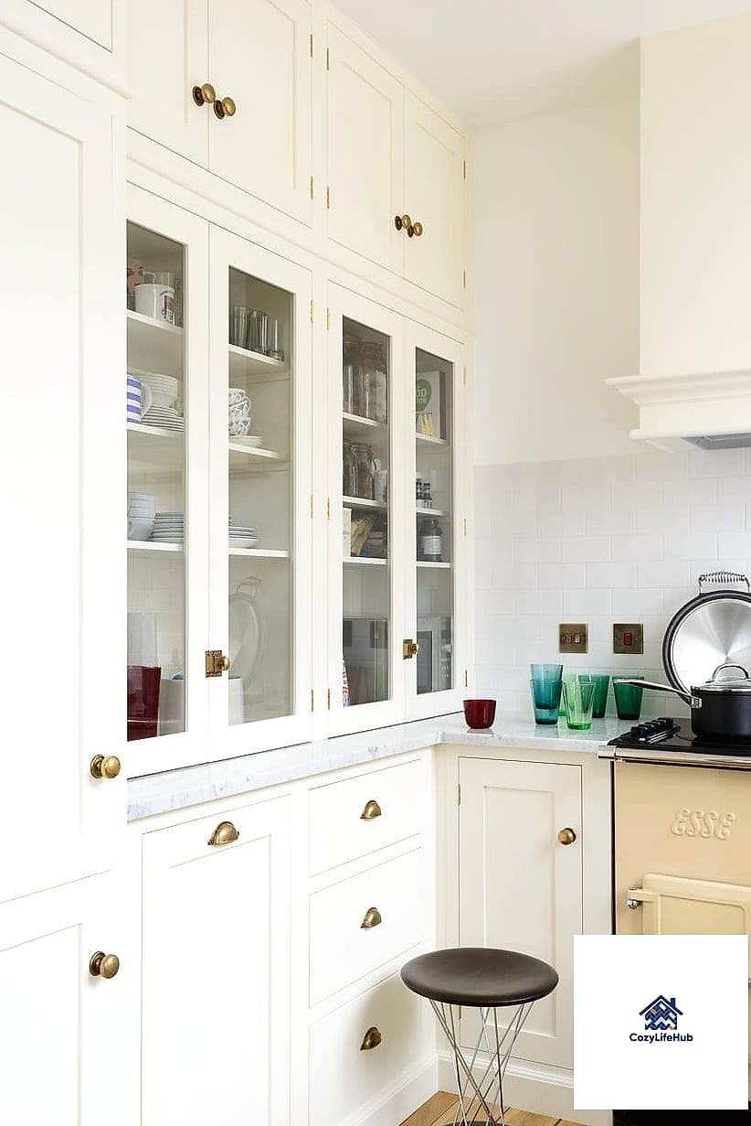 White Cabinets with Brass Cup Pulls