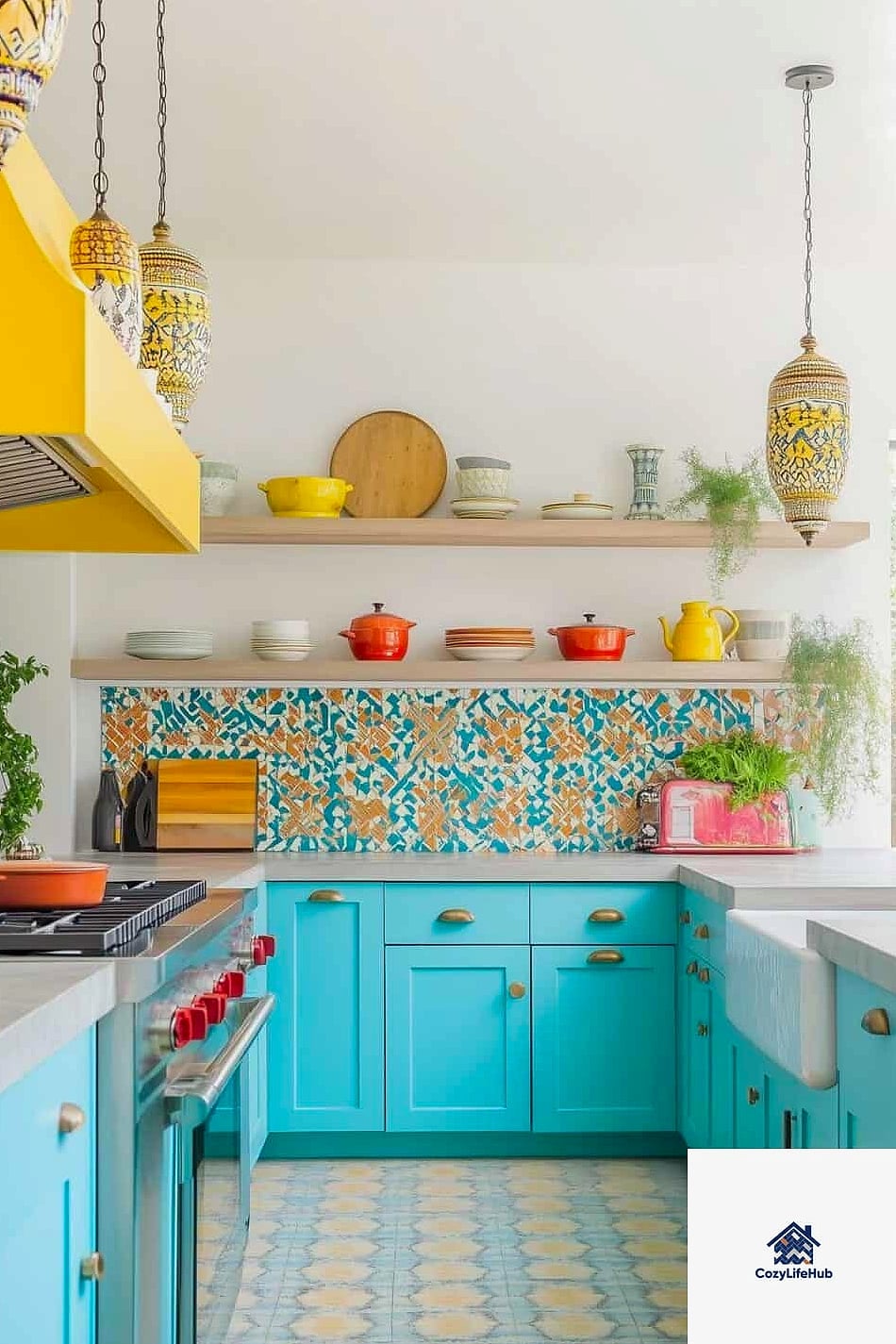 White Cabinets with Colorful Cabinet Interiors