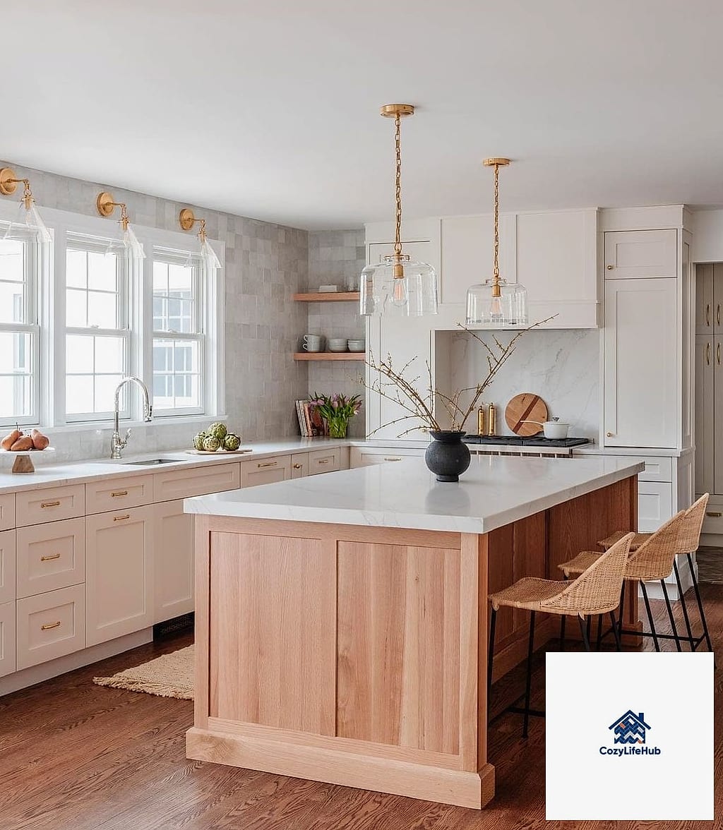 16 White Kitchen Ideas Perfect for Any Budget 14 White Kitchen Island with a Wood Top