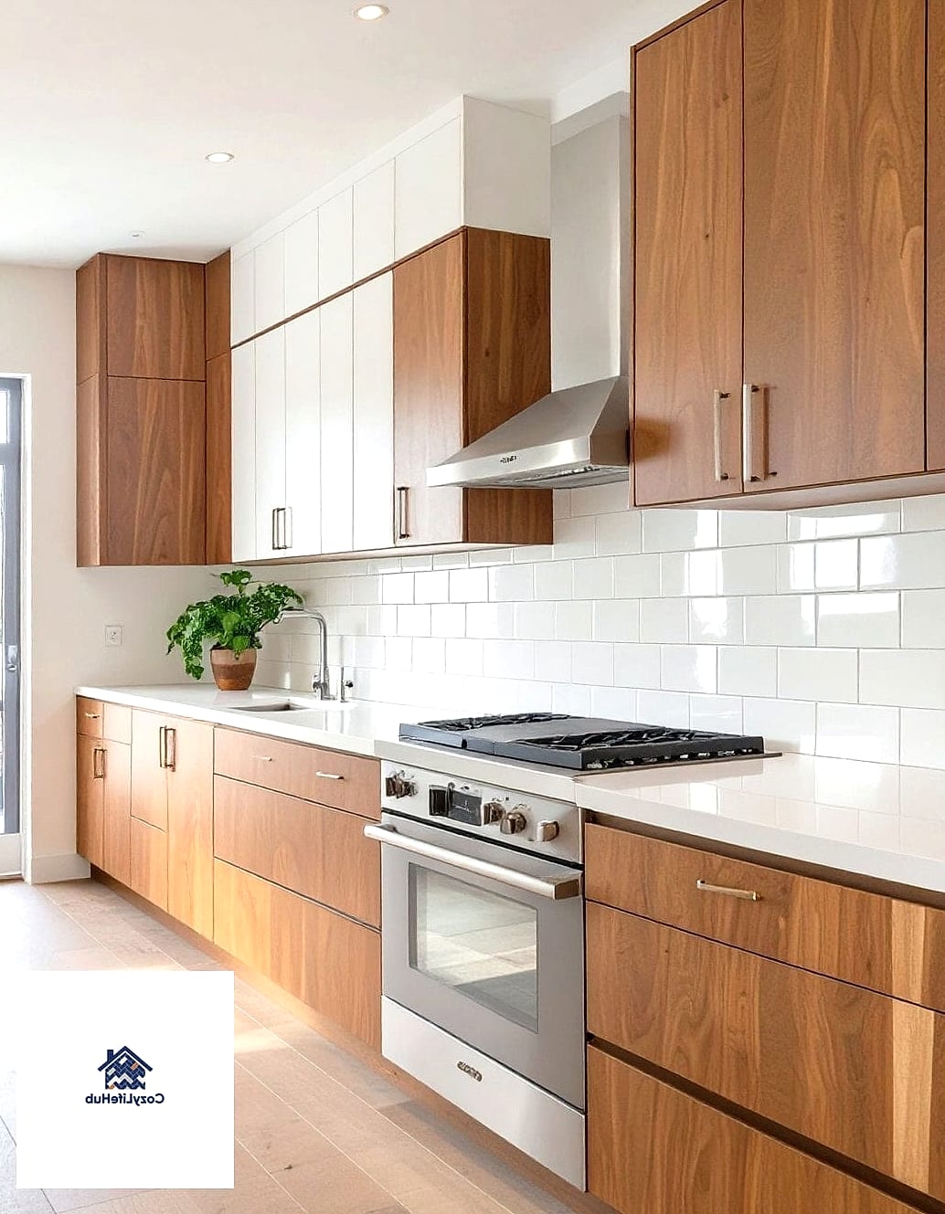 White Tile with Wood Open Shelving