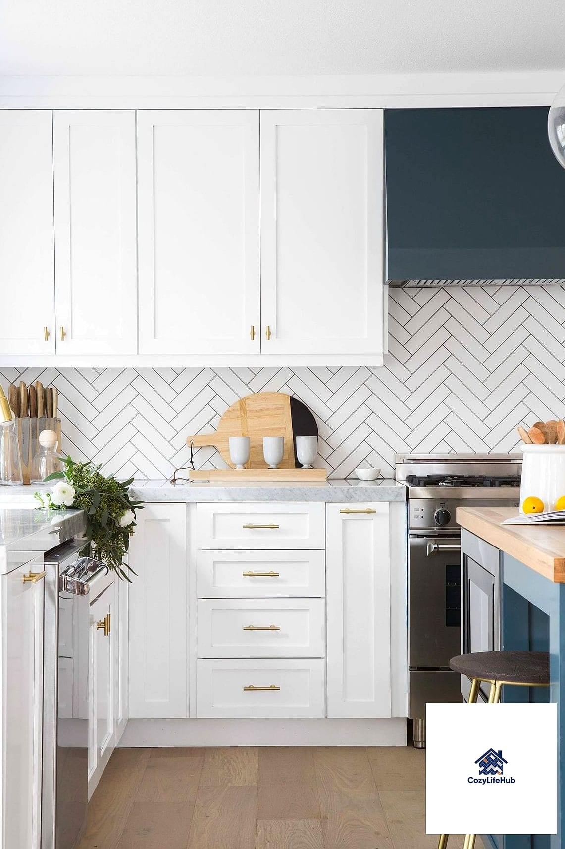 White Tile in a Herringbone and Straight-Set Combo