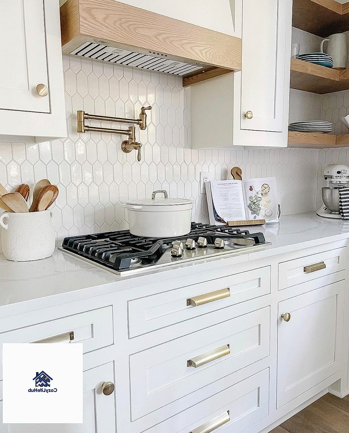 23 Backsplash for All White Kitchen Ideas for Every Home Style and Budget 20 White Tile with Warm Wood Open Shelving