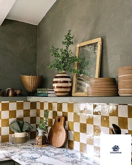Yellow and White Checkerboard Backsplash